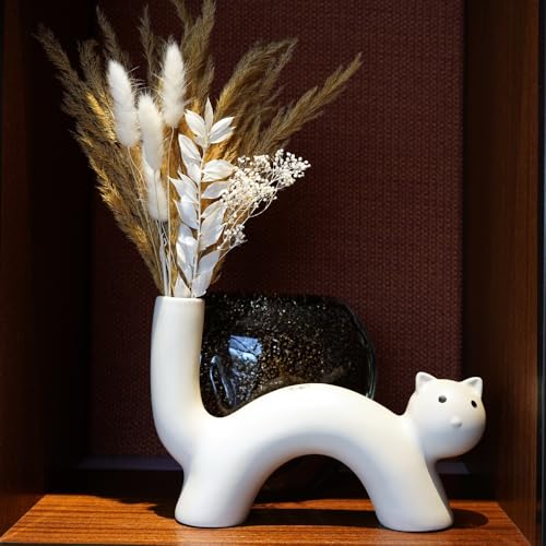 Natural Pampas Grass Dry Flower Bouquet with Boho Decorative Cute Cat Shaped Ceramic Vase for Living Room Bookshelf Dining, Modern European Minimalist Decor, Brown Pampas Bouquet and White Vase
