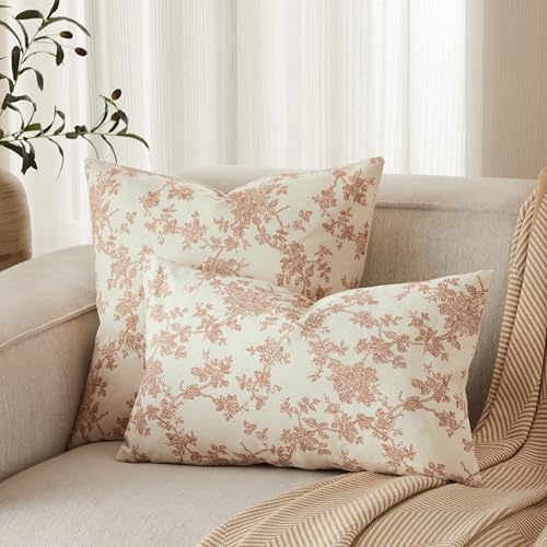 2 Pack French Floral Throw Pillow Covers 22x22in, Terracotta/Cream