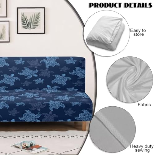 Suobstales Sea Turtle Print Stretch Armless Futon Cover, Futon Mattress Cover Soft Sofa Bed Slipcovers with Elastic Bottom, Foldable Sofa Slipcovers Washable Couch Covers
