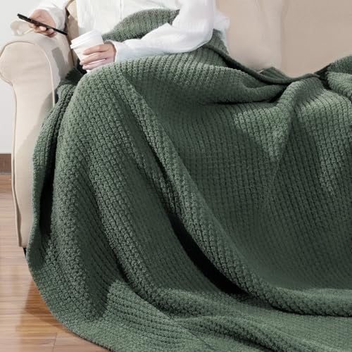 Waffle Knit Throw Blanket, Luxury Cozy Chunky Knit Throw Blanket for Couch, 50 x 60 Inch Thick Ultra-Soft Feather Yarn Knitted Blanket for Sofa, Bed, Home Decor - Sage