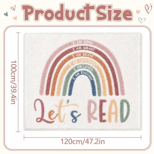 3.3x4 ft Boho Rainbow Classroom Rug Let's Read Motivational Area Rug Back to School Floor Mat Reading Corner Decor Non-Slip Play Carpet for Calming Corner Library Nursery Playroom Bedroom Living Room