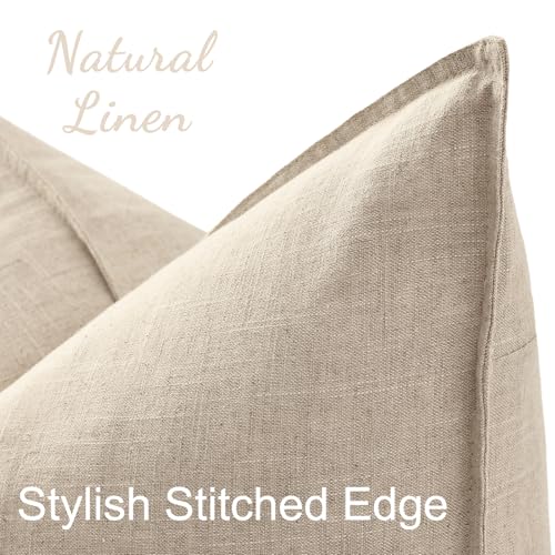 decorUhome Fall Decorative Linen Throw Pillow Covers 18x18 Inch Set of 2 Natural Beige Pillow Covers with Flange Edges Soft Farmhouse Boho Accent Pillow Cases for Couch Bed Living Room