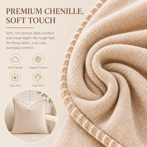 Decorative Throw Pillow Covers 18x18Inch, Pack of 2 Beige Chenille Soft Pillow Covers with Stitched Edge,Farmhouse Neutral Euro Decorative Pillows for Bed Couch Sofa Home Decor Living Room