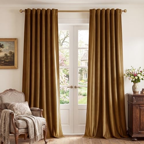 StangH Gold Brown Velvet Curtains 96 inches Long for Living Room, Luxury Back Tab Heavy Blackout Thermal Insulated Privacy Window Drapes for Bedroom/Sliding Door/Hall, W52 x L96, 2 Panels