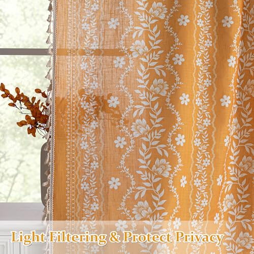 MYSKY HOME Boho Floral Curtains 84 inch Long 2 Panels Set Golden Mustard Yellow Farmhouse Curtains for Bedroom Living Room Light Filtering Semi Sheer Drapes with White Tassel Back Tab, 50" Wide