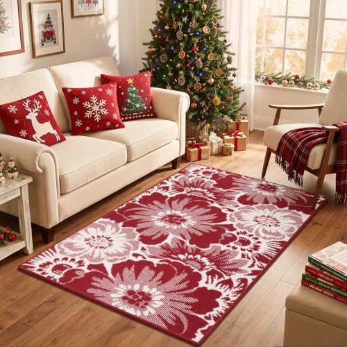 Findosom Christmas Area Rug 3x5, High-Low Textured Floral Entryway Rug Red