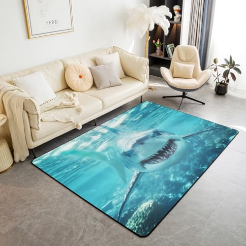 Shark Area Rugs 3x5, 3D Shark Decorative Rug, Ocean Wave Carpet Mat for Kids Boys Bedroom Bedside Sea Animals Accent Rug Set Ocean Sea Wave Living Room Rugs Blue White,Non Slip Washable