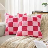 Ohocut Checkered Jacquard Shag Throw Pillow Covers, Pack of 2 Fluffy Double Pink Cute Decorative Aesthetic Soft Checkered Throw Pillow Cases for Couch Sofa Bedroom,20x20 Inch