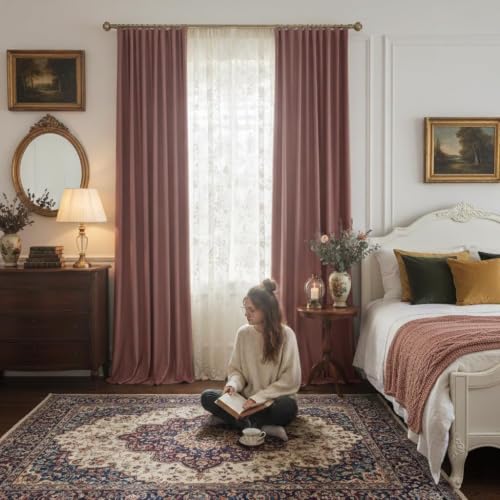 NICETOWN Dusty Rose Pink Blackout Velvet Curtains for Girls Room 84 inch Long - Privacy Protection Light Blocking Drapes for Living Room, Gifts for Mom, W52” x L84, 2 Panels