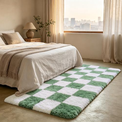 Shag Runner Rug for Bedroom Living Room 2x6 Upgrade Non-Slip Fluffy Soft Bedside Rugs,Green and White Shaggy Carpet for Livingroom Dorm Home Decor Aesthetic