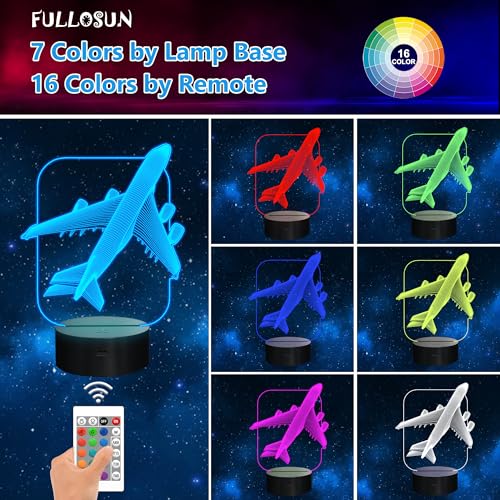 FULLOSUN Aircraft Airplane 3D Night Light Bedside Lamp 16 Colors Changing with Remote Control Xmas Halloween Birthday Gift for Boy