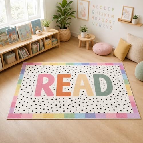 Suclain Large Classroom Rug 4 x 6 ft Reading Corner Rug Boho Pastel Washable Non Slip Large Area Carpet for Back to School Decor Mat for Library, Playroom, Daycares, Learning Space Activities Supplies