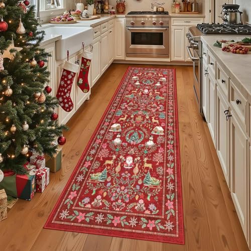 Christmas 2x6 Runner Rug for Hallway Kitchen Entryway, Red