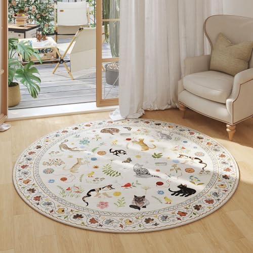 Rugcomf Round Area Rug 6ft Washable Non Slip Floral Animal Cat, Beige