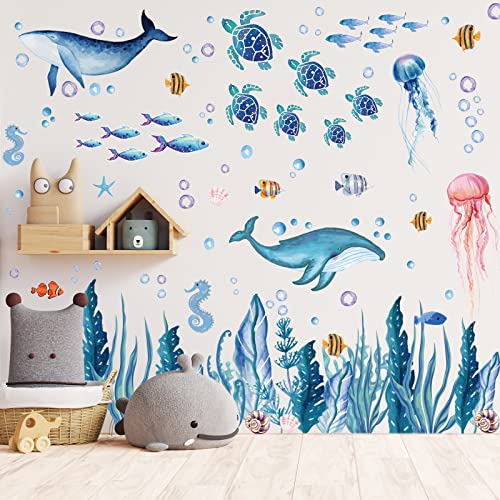 Whaline 143 Pieces Ocean Wall Decals Watercolor Under The Sea Wild Life Animals Wall Stickers Waterproof Peel and Stick Removable Murals for DIY Nursery Bedroom Living Room Bathroom Wall Art Decor