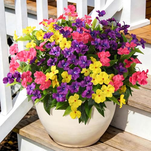 Artificial Impatiens Flowers for Outdoors, 6 Bundles Multicolor Silk Fake Flowers for Spring Summer Decoration, UV Resistant Faux Plants Plastic Bouquet for Home Planter Porch Patio Yard Decor