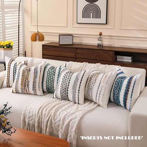 Boho Striped Throw Pillow Covers 18x18 Inch Set of 2 Farmhouse Square Decorative Pillow Covers Chenille Tufted Accent Neutral Pillowcase Blue Cushion Cover for Living Room Couch Sofa Bed