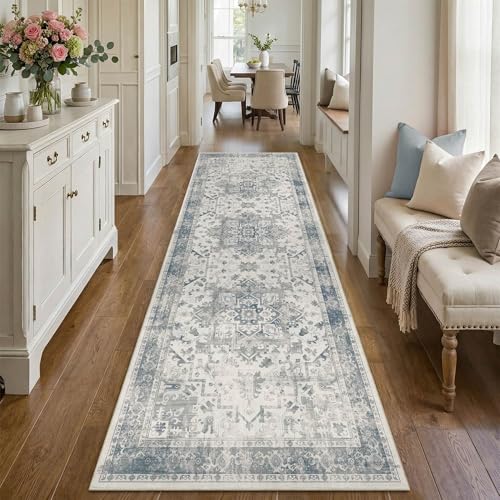 2'6" x 8' Blue Vintage Runner Rug for Hallways Kitchen