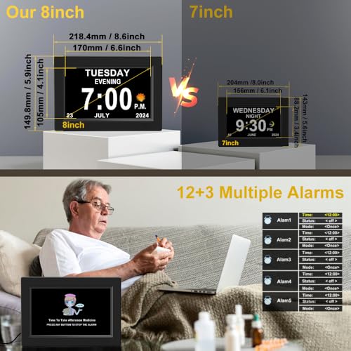 CAZOKASI 8inch Extra Large Impaired Vision Digital Alarm Clock with Day and Time for Elderly Calendar Clock No Battery Plug-in Power Outage Memory DST Auto Dimmable Clock