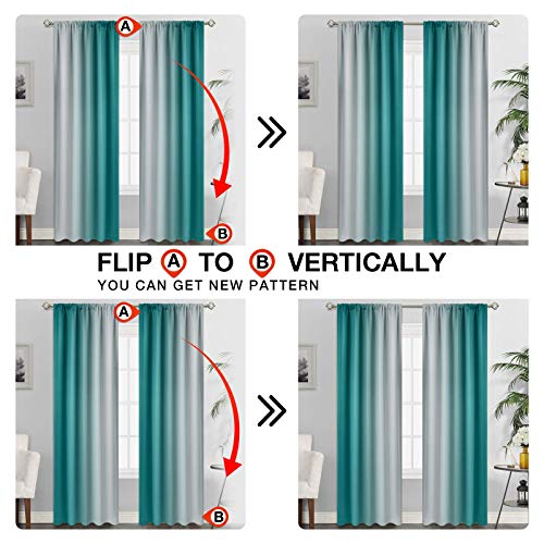 SimpleHome Ombre Room Darkening Curtains for Living Room, Rod Pocket Light Blocking Gradient Teal to Greyish White Thermal Insulated Window Curtains Drapes for Bedroom, 2 Panels, 52x84 inches Length
