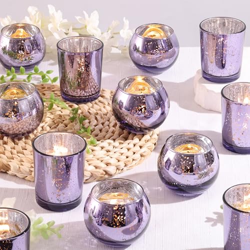 12 Pcs Assorsted Purple Votive Candle Holders for Tea Lights & Votives, Mercury Glass Candle Holder