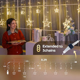 126L Warm White Star Icicle Lights, 8.2FT Clear Curtain Fairy String with Connectable, Timer 8 Modes Memory, Waterproof Hanging for Christmas,Ramadan,Party,Wedding Indoor Outdoor Decorations