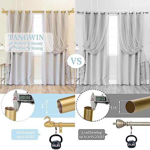 TANGWIN Gold Curtain Rods for Windows 48 to 84 Inch(4-7ft),1 Inch Adjustable Curtain Rod,Heavy Duty Window Rods,Decorative Swan Finials Drapery Pole,Telescoping Single Rod for Bedroom 36-88",Brass