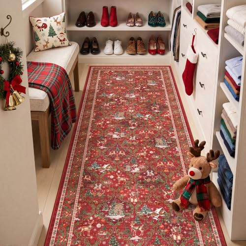 3x8 Christmas Runner Rug for Hallway,Washable Kitchen Rug,Red