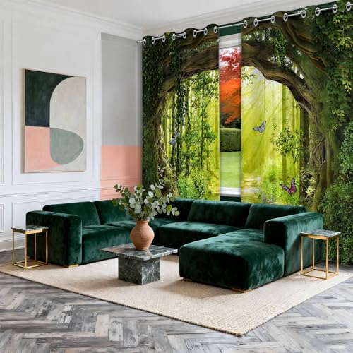 Enchanted Forest Blackout Curtains, 84 X 52 Inch, 2 Panels | Green Spring Tree Butterfly Scenic Nature, Woodland, Grommet Window Drapes, For Bedroom Living Room