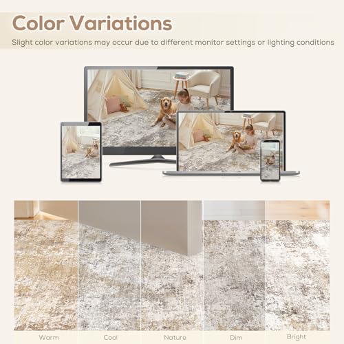 Nakagishi 8X10 Area Rugs for Living Room: Washable Modern Abstract Rug with Non-Slip Silicone Backing Low Pile Soft Carpet for Bedroom & Dining Decor Ideal for Families with Kids and Pets-Brown