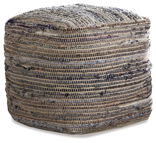 Signature Design Ashley Chevron Handmade Woven Denim Pouf and Decorative Pouf Bundle, Blue and White