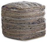 Signature Design Ashley Chevron Handmade Woven Denim Pouf and Decorative Pouf Bundle, Blue and White