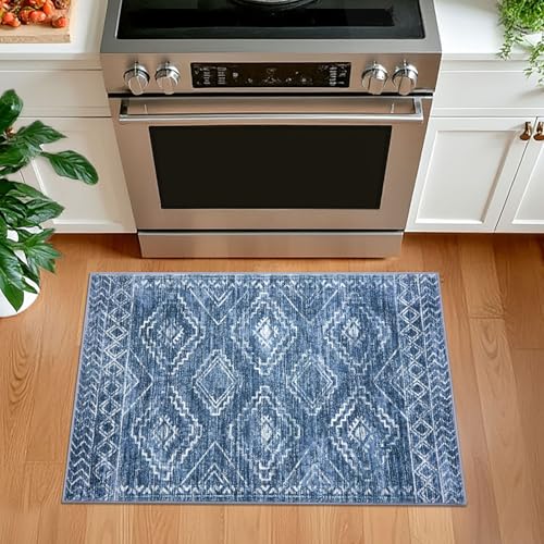 KILOCOCO Entryway Rug 2x3 Small Washable Rug Door Mat Indoor Soft Non Slip Printed Blue Kitchen Rugs for Bedroom Entry Front Door Geometric Boho Throw Rugs, Stonewashed Blue