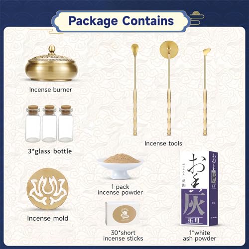 Yoga & Meditation 16pcs Incense Burner Kit - Complete Ash Powder Burner Set with Brass Censer, Art Mold Tools & Chinese Incense Burner in Gift Box for Relaxation, Home Fragrance