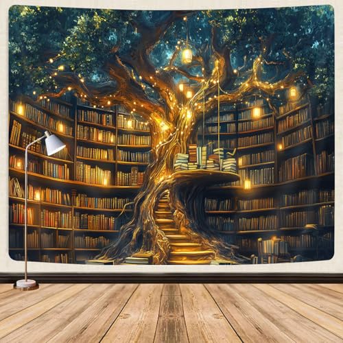 GOAOK Fantasy Library Tapestry For Classroom, Mysterious Tree Magic Bookshelf Aesthetic Tapestries, Witchy Fairytale Tree Vintage Bookshelf Book Art Tapestry Wall Hanging College Room Bedroom, 60"X40"