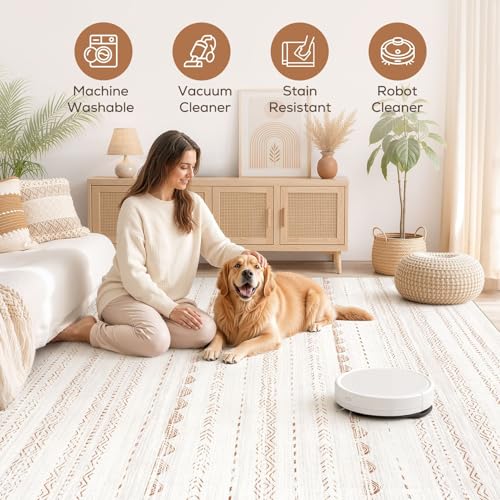 Nakagishi Area Rug Living Room Rugs: 5x7 Large Soft Machine Washable Boho Moroccan FarmNeutral Stain Resistant Indoor Floor Carpet for Bedroom Under Dining Table Home Office Decor-Cream Brown