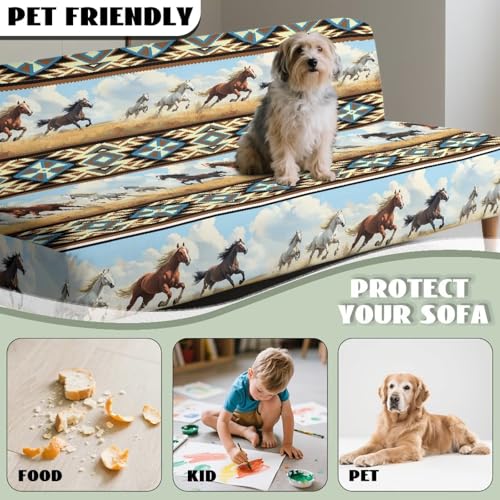 Aztec Western Armless Futon Cover Horse Stretch Armless Sofa Slipcover Navajo Southwestern Ethnic Washable Elastic Couch Furniture Protector for Bedroom Living Room