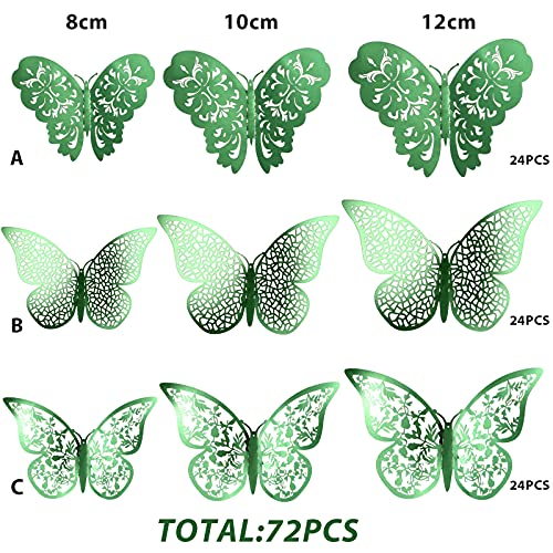 Bememo 72 Pieces 3D Butterfly Wall Decals Sticker Decal Wall Decor Art Decorative Sticker 3 Sizes for Room Offices Bedroom Bathroom Living Room Decor(Light Green)