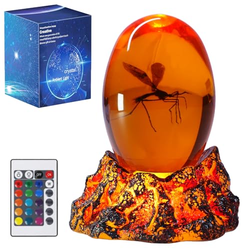 Jurassic 3D Mosquito in Amber Resin, Mosquito Resin with Volcanic Lava Lamp Base with Remote 16 Colors Flashing RGB Dimmable, True 3D 3.3 Inches Tall Dinosaur DNA Replica Paper Weight Gifts