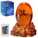 Jurassic 3D Mosquito in Amber Resin, Mosquito Resin with Volcanic Lava Lamp Base with Remote 16 Colors Flashing RGB Dimmable, True 3D 3.3 Inches Tall Dinosaur DNA Replica Paper Weight Gifts