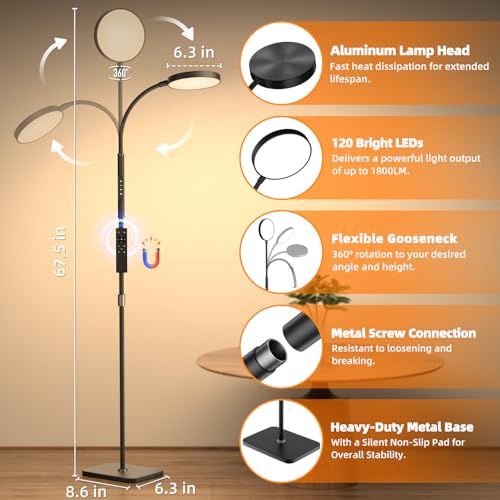 Floor Lamp, Adjustable Height LED Standing Reading Lamp for Living Room & Bedroom, Super Bright, Eye-Caring Stepless Dimmable Modern Tall Lamp for Office Craft with Gooseneck & Remote, Black