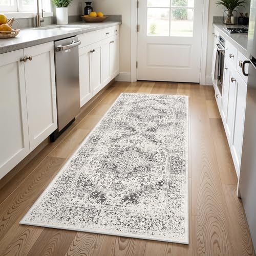 3x8 Washable Runner Rug: Vintage Medallion Kitchen Soft Rugs Gray