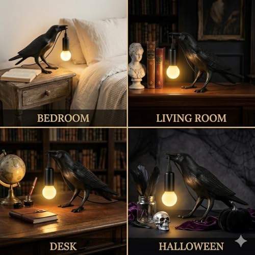 Crow Lamp Gothic Decor, Raven Table Lamp with Adjustable Brightness, Dark Academia Aesthetic Night Light for Bedroom, Halloween Black Bird Lamp, Unique Gift