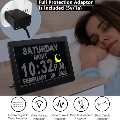 MASSII 11.5" Black +11.5" White Digital Clock with Auto DST and 20 Alarms Custom Reminders, Non-Abbreviated Calendar Day Date Clock for Seniors Dementia Alzheimers'