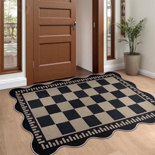 Checkered Easy Jute Front Door Mat, 2.6x4 Washable Entryway Rug Non Slip Small Kitchen Rug, Farmhouse Low Pile Floor Scalloped Rugs for Doorway Porch Bathroom