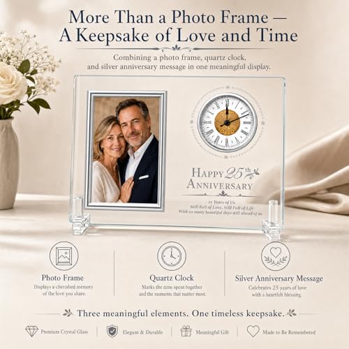25th Wedding Anniversary Quartz Clock | silver Anniversary Decorative Gift for Parents Couples Him or Her (Battery Not Included)