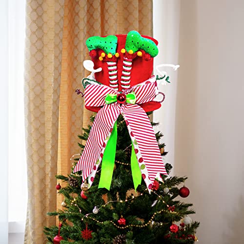 Lordaeron Christmas Tree Topper Hat,Large Red Velvet Hat with Elf Legs and Lengthened Bowknot Christmas Tree Decorations Tabletop Ornaments for Holiday Home Decor