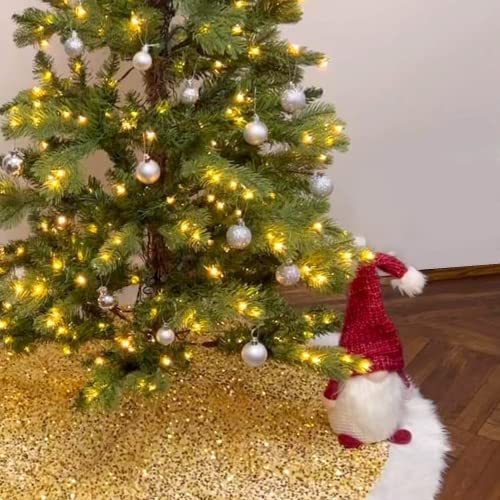 Christmas Tree Skirt 48 inch Shiny Gold Sequin Sparkly with Faux Fur Plush Tree Mat for 5-7FT Large Xmas Tree Christmas Tree Decorations for Holiday Home Decor Party