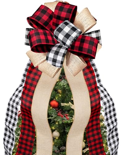Christmas Tree Topper Large Buffalo Plaid Burlap Red and Black Gift Bow for Xmas Tree Handmade Holiday Party Decorations-13 x 29 Inch