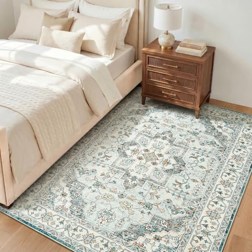 5x7 Area Rugs for Living Room, Washable Rug Vintage Floral, Blue